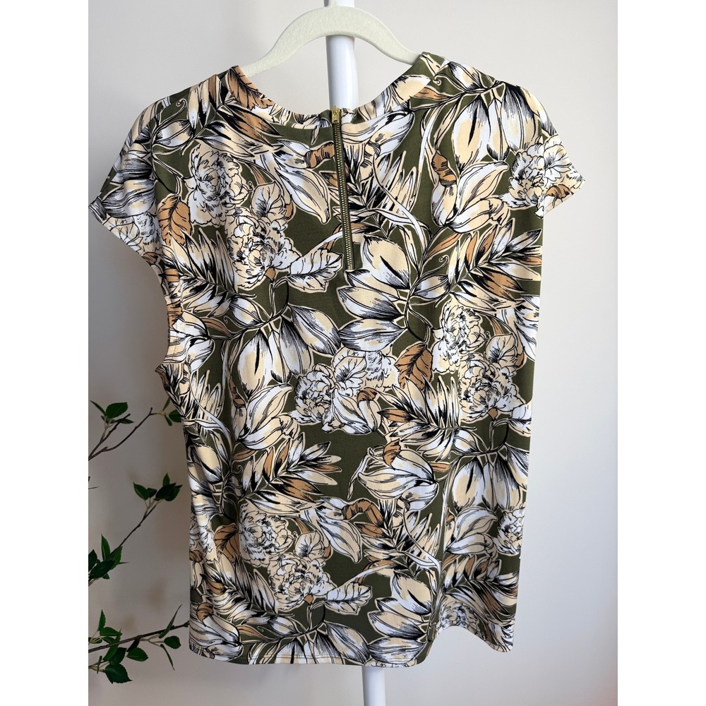 Liz Claiborne Career Olive Green Floral Pleated Neck Blouse XL Gold Zipper Top - Picture 3 of 6